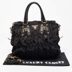 Pre Owned Prada Black Nylon Gaufre Ruched Medium Shopping Bag