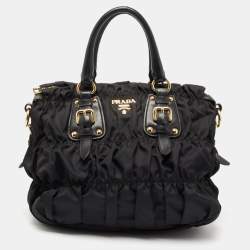 Pre Owned Prada Black Nylon Gaufre Ruched Medium Shopping Bag