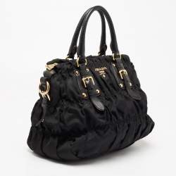 Pre Owned Prada Black Nylon Gaufre Ruched Medium Shopping Bag