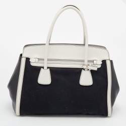 Pre Owned Prada Black/White Canvas And Leather Canapa Tote