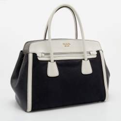 Pre Owned Prada Black/White Canvas And Leather Canapa Tote