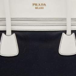 Pre Owned Prada Black/White Canvas And Leather Canapa Tote
