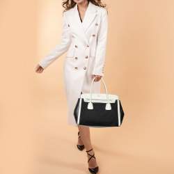 Pre Owned Prada Black/White Canvas And Leather Canapa Tote