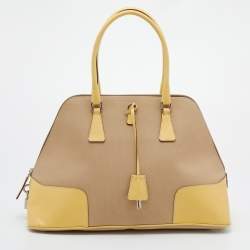 Pre Owned Prada Beige/Yellow Canvas And Leather Satchel