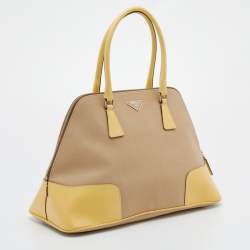 Pre Owned Prada Beige/Yellow Canvas And Leather Satchel