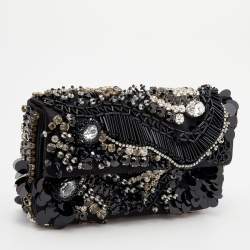 Pre Owned Prada Black Satin Crystal and Sequin Embellished Clutch