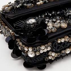 Pre Owned Prada Black Satin Crystal and Sequin Embellished Clutch