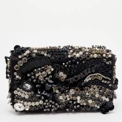 Pre Owned Prada Black Satin Crystal and Sequin Embellished Clutch