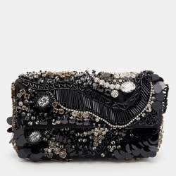 Pre Owned Prada Black Satin Crystal and Sequin Embellished Clutch