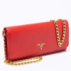 Pre Owned Prada Red Vitello Move Leather Wallet on Chain