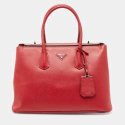 Pre Owned Prada Red Saffiano Cuir Leather Large Twin Tote
