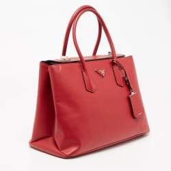Pre Owned Prada Red Saffiano Cuir Leather Large Twin Tote