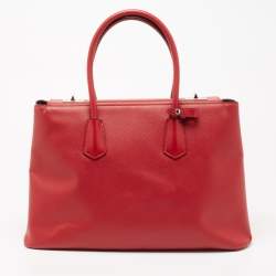 Pre Owned Prada Red Saffiano Cuir Leather Large Twin Tote