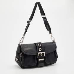 Pre Owned Prada Black Nylon and Leather Buckle Flap Shoulder Bag