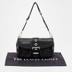 Pre Owned Prada Black Nylon and Leather Buckle Flap Shoulder Bag
