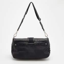 Pre Owned Prada Black Nylon and Leather Buckle Flap Shoulder Bag