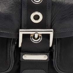 Pre Owned Prada Black Nylon and Leather Buckle Flap Shoulder Bag