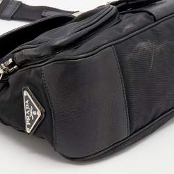 Pre Owned Prada Black Nylon and Leather Buckle Flap Shoulder Bag
