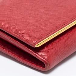 Pre Owned Prada Red Saffiano Leather Metal Bar Flap Continental Wallet