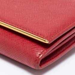 Pre Owned Prada Red Saffiano Leather Metal Bar Flap Continental Wallet