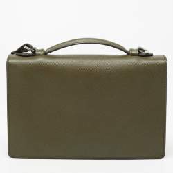 Pre Owned Prada Olive Green Saffiano Lux Leather Mini Sound Top Handle Bag