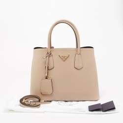 Pre Owned Prada Beige Saffiano Cuir Leather Medium Double Handle Tote