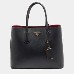 Pre Owned Prada Black Saffiano Cuir Leather Medium Double Handle Tote
