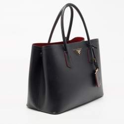 Pre Owned Prada Black Saffiano Cuir Leather Medium Double Handle Tote