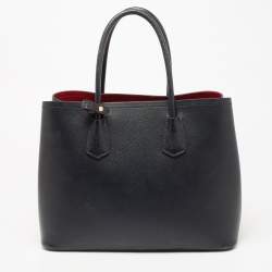 Pre Owned Prada Black Saffiano Cuir Leather Medium Double Handle Tote