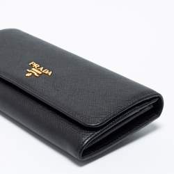 Pre Owned Prada Black Saffiano Leather Flap Continental Wallet