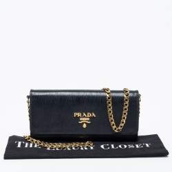 Pre Owned Prada Black Vitello Move Leather Wallet on Chain