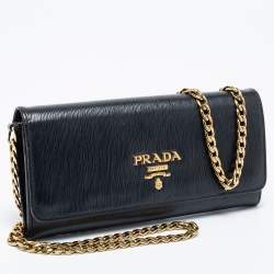 Pre Owned Prada Black Vitello Move Leather Wallet on Chain