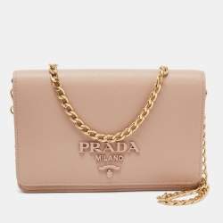 Pre Owned Prada Cipra Beige Saffiano Lux Leather Logo Flap Chain Clutch 