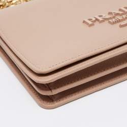 Pre Owned Prada Cipra Beige Saffiano Lux Leather Logo Flap Chain Clutch 
