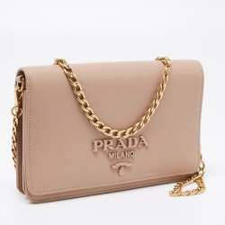 Pre Owned Prada Cipra Beige Saffiano Lux Leather Logo Flap Chain Clutch 