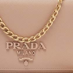 Pre Owned Prada Cipra Beige Saffiano Lux Leather Logo Flap Chain Clutch 
