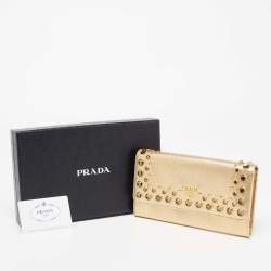 Pre Owned Prada Gold Saffiano Lux Leather Jeweled Studded Flap Continental Wallet