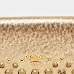 Pre Owned Prada Gold Saffiano Lux Leather Jeweled Studded Flap Continental Wallet