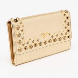 Pre Owned Prada Gold Saffiano Lux Leather Jeweled Studded Flap Continental Wallet