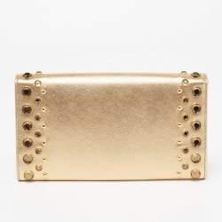 Pre Owned Prada Gold Saffiano Lux Leather Jeweled Studded Flap Continental Wallet