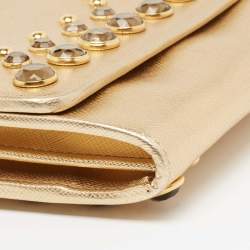 Pre Owned Prada Gold Saffiano Lux Leather Jeweled Studded Flap Continental Wallet