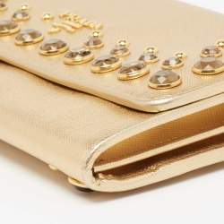 Pre Owned Prada Gold Saffiano Lux Leather Jeweled Studded Flap Continental Wallet