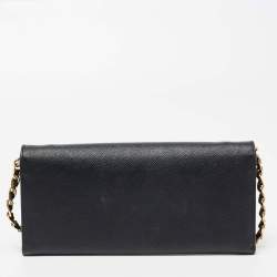Pre Owned Prada Black Saffiano Metal Leather Wallet on Chain