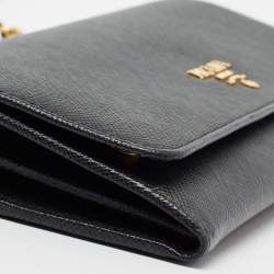 Pre Owned Prada Black Saffiano Metal Leather Wallet on Chain