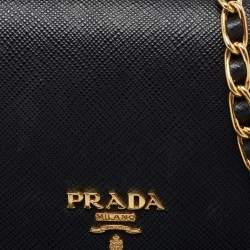 Pre Owned Prada Black Saffiano Metal Leather Wallet on Chain