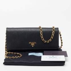 Pre Owned Prada Black Saffiano Metal Leather Wallet on Chain