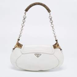Prada White/Cream Leather and Lizard Flap Chain Hobo