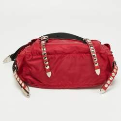 Prada Red/Black Nylon and Leather New Vela Studded Messenger Bag