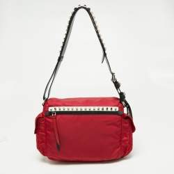 Prada Red/Black Nylon and Leather New Vela Studded Messenger Bag