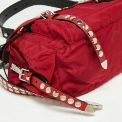 Prada Red/Black Nylon and Leather New Vela Studded Messenger Bag